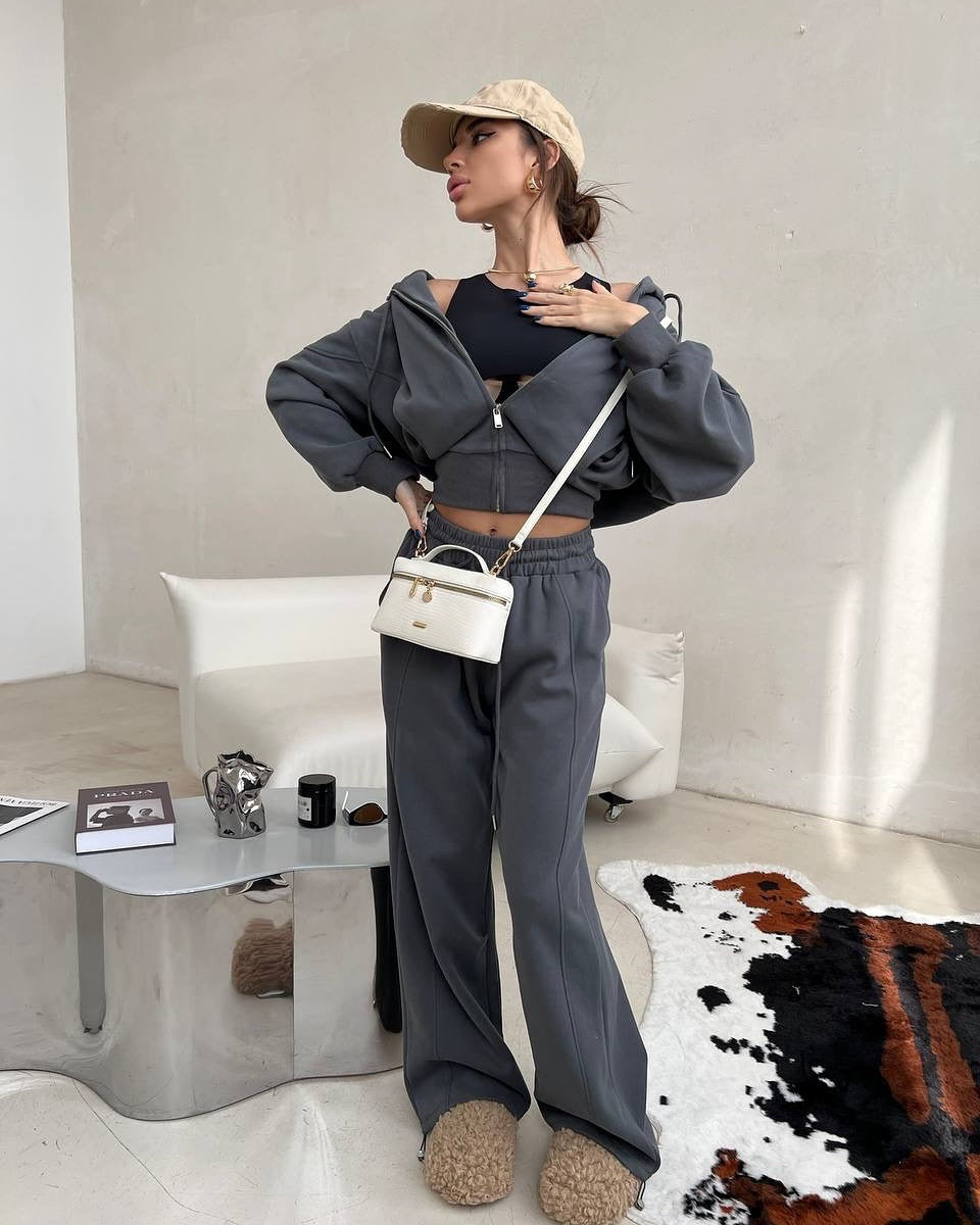 Damen Zweiteiliges Loungewear-Set mit kurzem Zip-Hoodie und hochtaillierter weiter Jogginghose EB