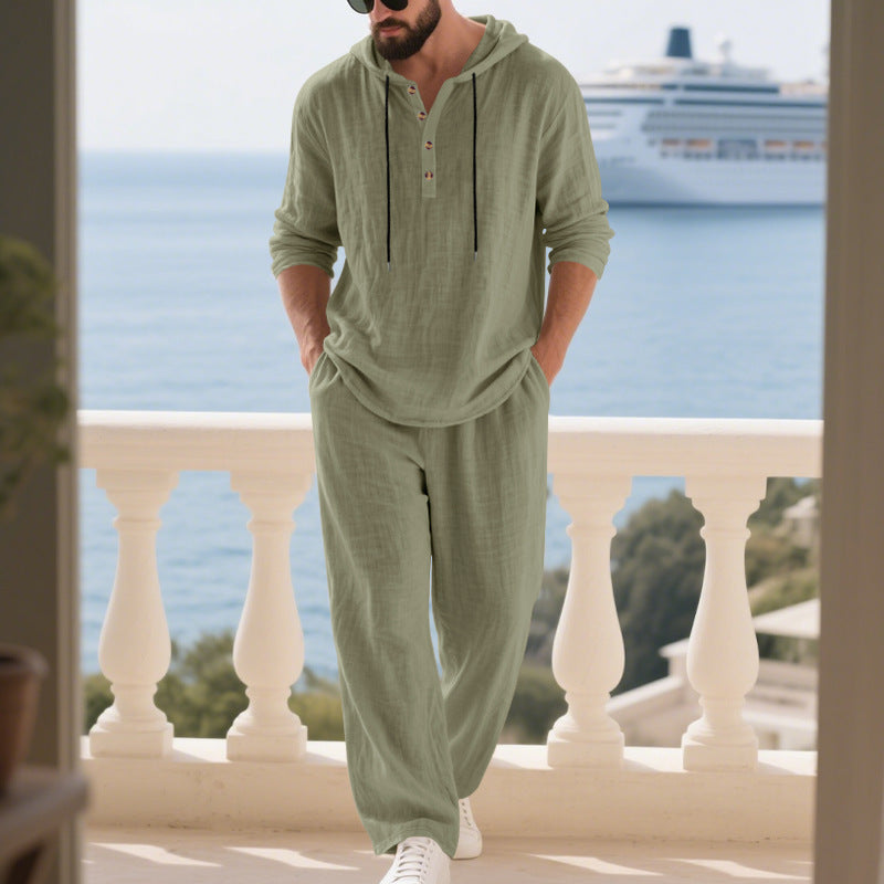 Herren nan lässiges Leinenzweiteiler-Set mit Kapuzenhemd im Henley-Stil und weiten Freizeit-Hosen EB