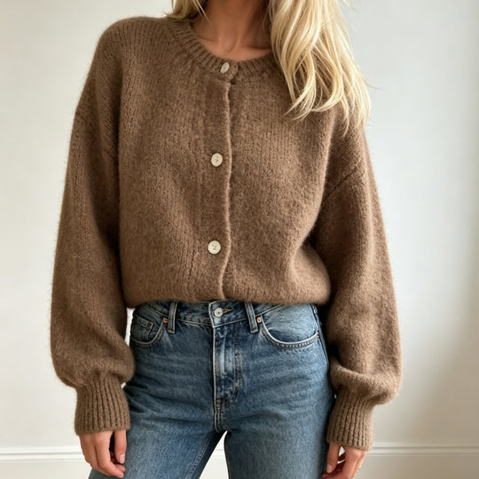 Damen Kuschelige Mohair-Optik Strickjacke mit Rundhals und Ballonärmeln EB