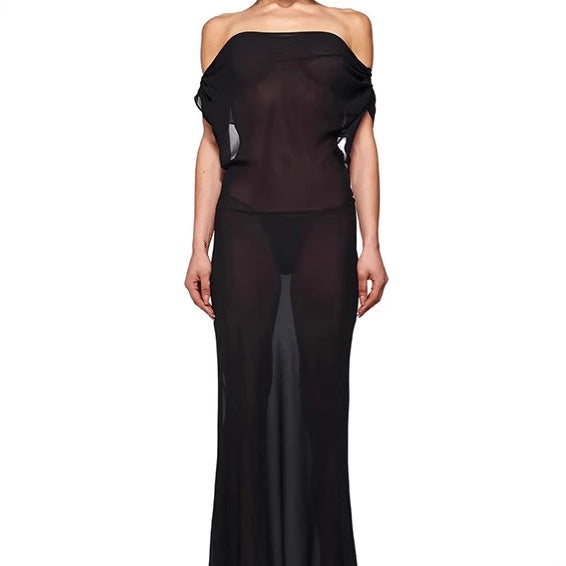 Damen Elegantes Maxikleid mit asymmetrischem Ausschnitt und raffiniertem Bogen-Detail EB