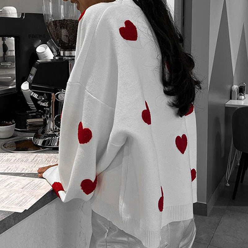 Damen Oversize-Feinstrickpullover mit Allover-Herzintarsien und überschnittenen Schultern EB