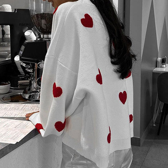 Damen Oversize-Feinstrickpullover mit Allover-Herzintarsien und überschnittenen Schultern EB