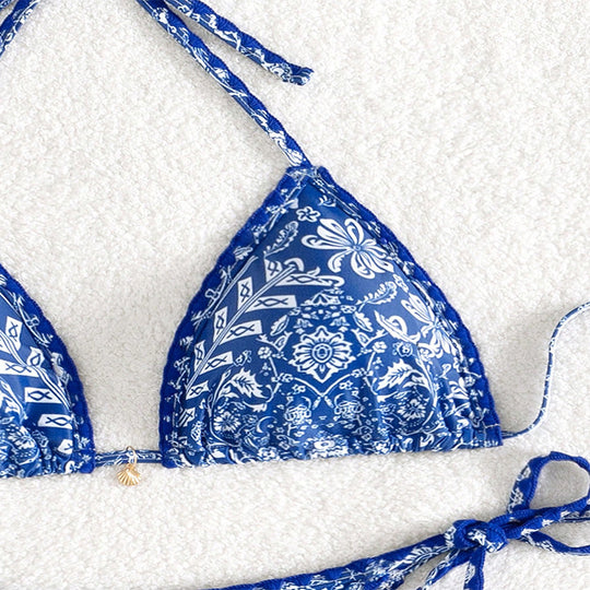 Damen Triangel-Bikini mit verspieltem Muster und eleganten Bindebändern EB