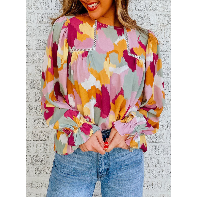 Damen Bluse mit künstlerischem Druck und gerafften Manschetten EB