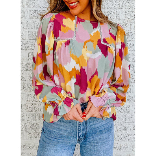 Damen Bluse mit künstlerischem Druck und gerafften Manschetten EB