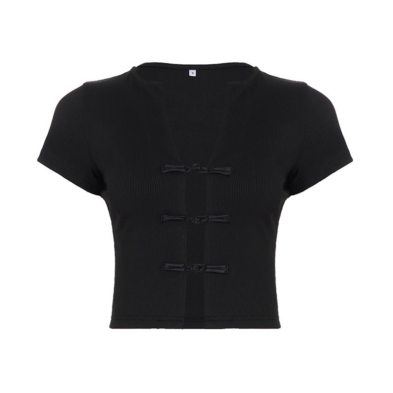 Damen Kurzarm Oberteil mit edlen Knopfdetails EB
