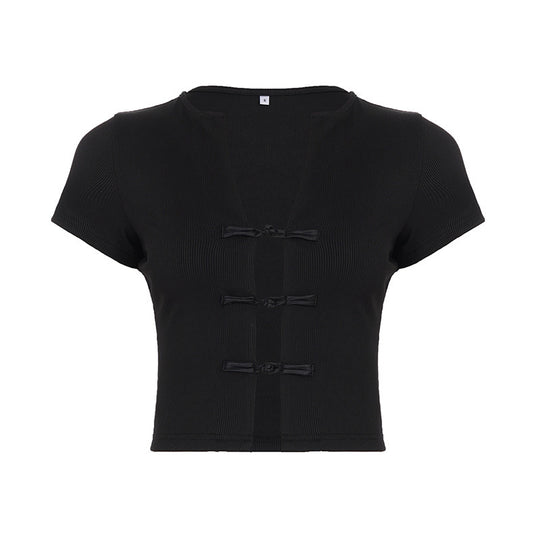 Damen Kurzarm Oberteil mit edlen Knopfdetails EB