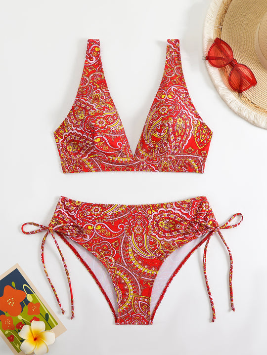 Damen Bikini-Set mit verspieltem Paisleymuster und seitlicher Schnürung EB