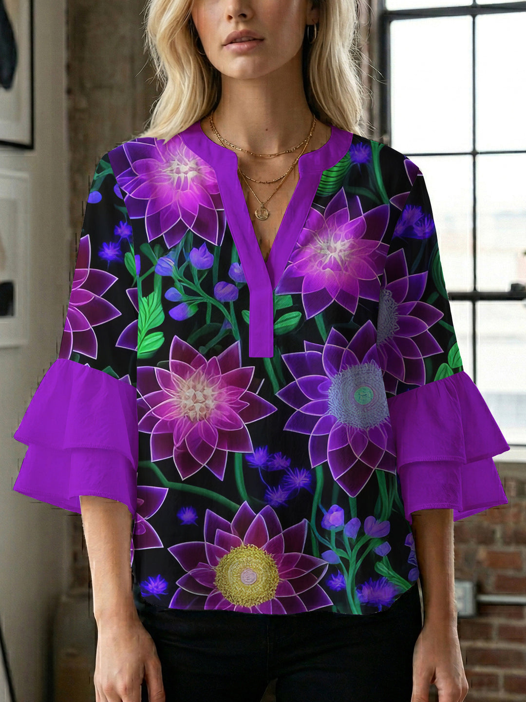 Damen Blusenshirt mit voluminösen Ärmeln und floralem Muster EB