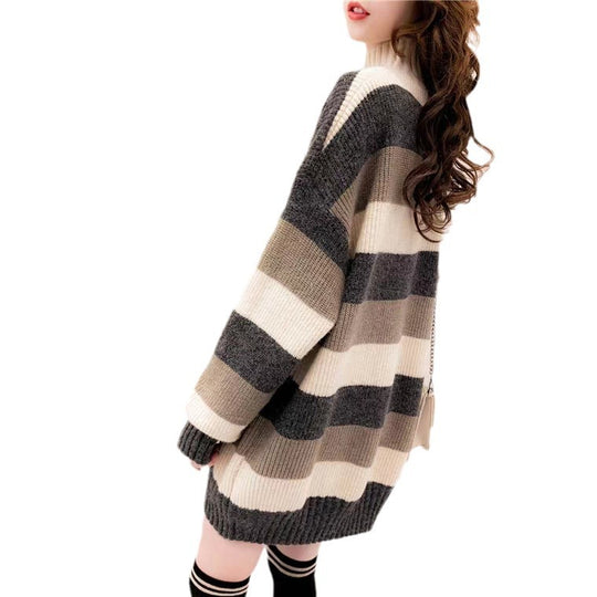 Damen Gemütlicher Strickpullover mit hohem Kragen und lässigem Schnitt EB