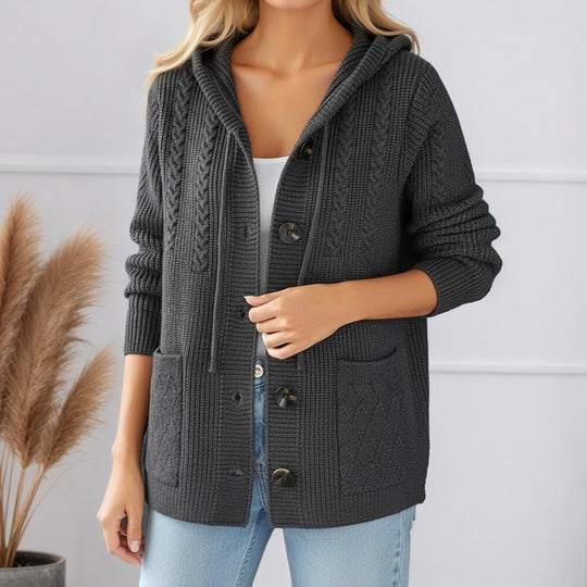 Damen nan gerippter Kapuzen-Strickcardigan mit Zopfmuster, großen Holzknöpfen und aufgesetzten Taschen EB
