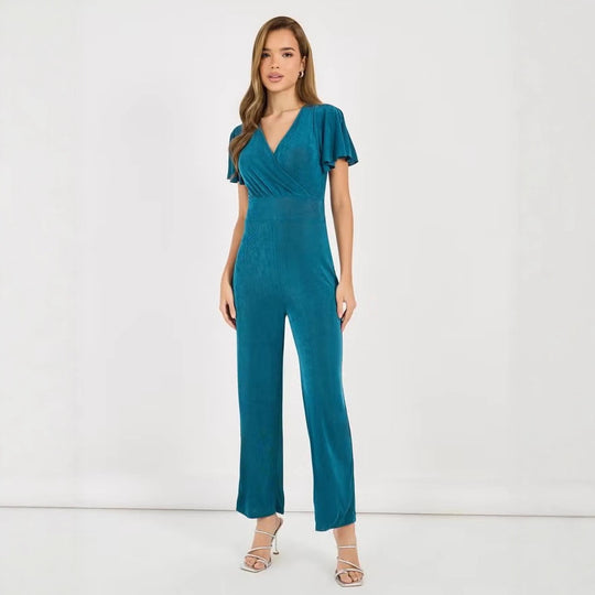 Damen eleganter Jumpsuit mit fließendem Schnitt und detailreichen Puffärmeln EB