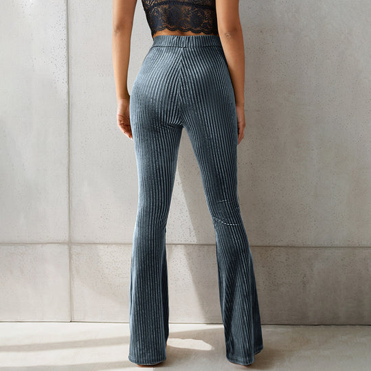Damen elegante Schlaghose aus weichem Samt mit vertikalem Streifenmuster EB