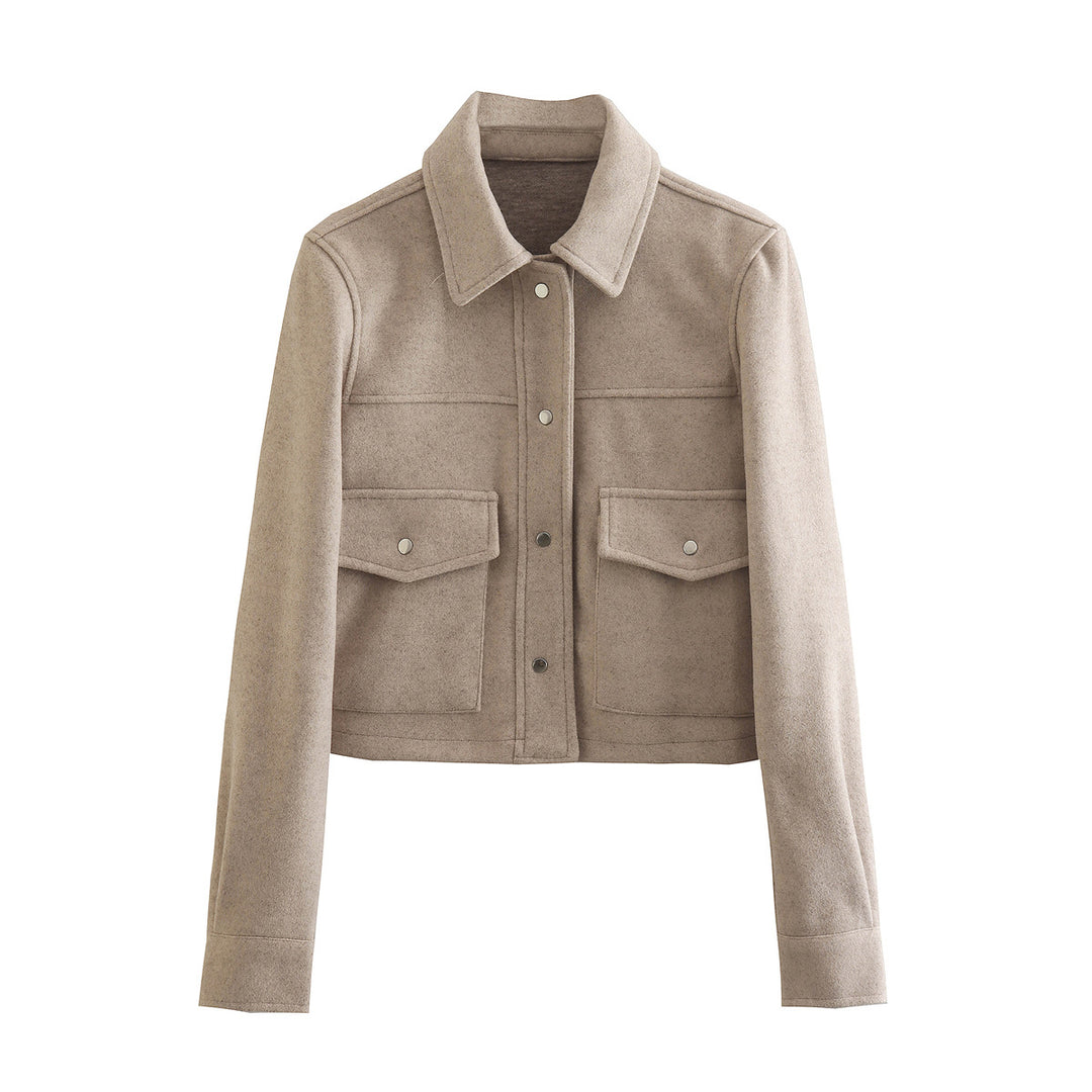 Damen Kurz geschnittene Wolloptik-Jacke mit Pattentaschen und Druckknöpfen EB