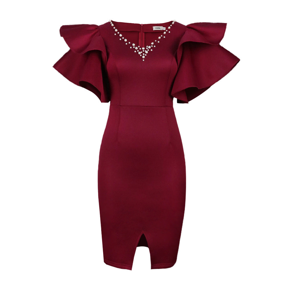 Damen Figurbetontes Kleid mit voluminösen Rüschenschultern und funkelnden Akzenten EB
