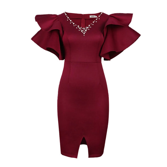 Damen Figurbetontes Kleid mit voluminösen Rüschenschultern und funkelnden Akzenten EB