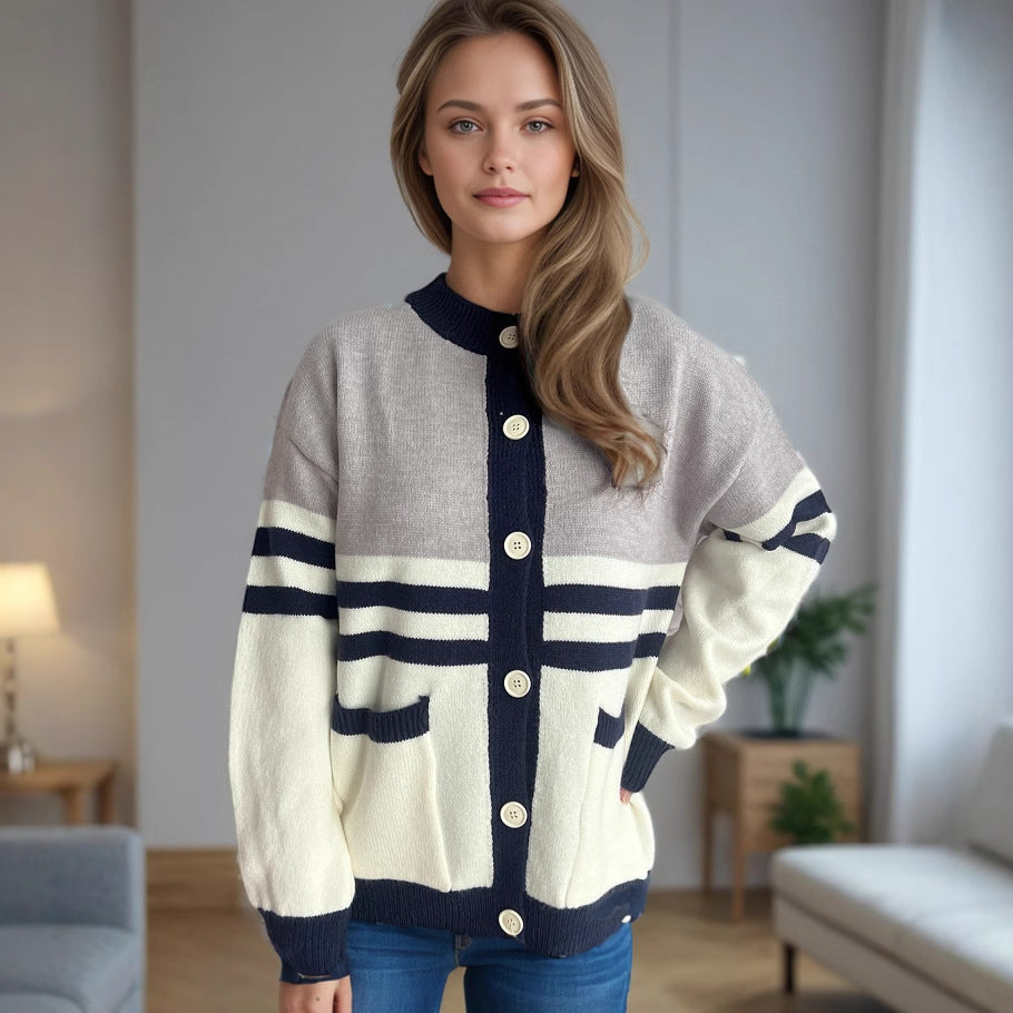 Damen Strickjacke mit modischen Streifen und praktischen Taschen EB
