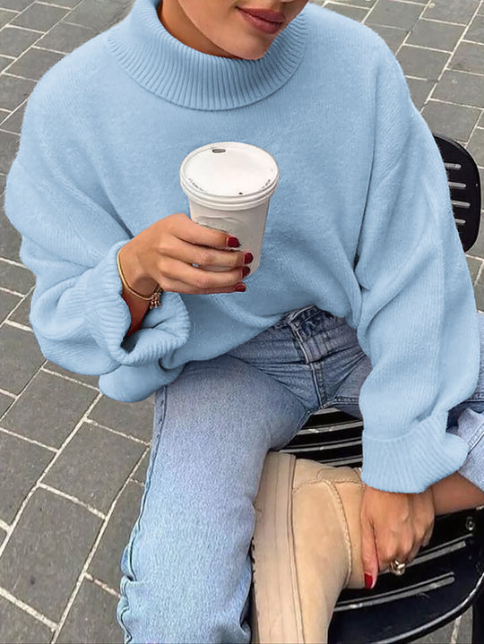 Damen nan oversize Rollkragenpullover mit breitem Rippkragen, voluminösen Ballonärmeln und verlängertem Bündchen EB