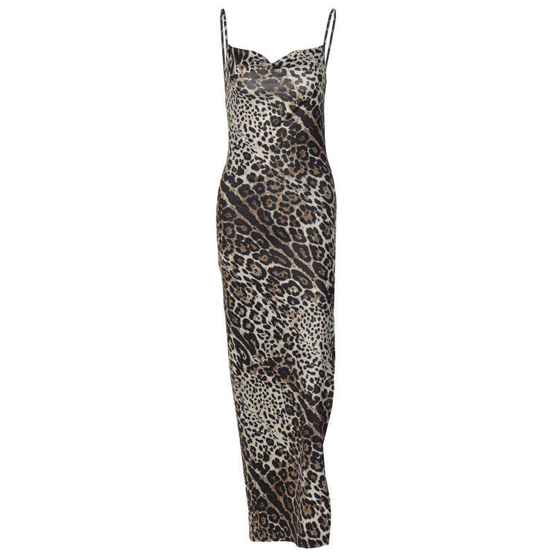 Damen Elegantes Maxikleid mit Leopardenmuster und sexy Schlitz EB