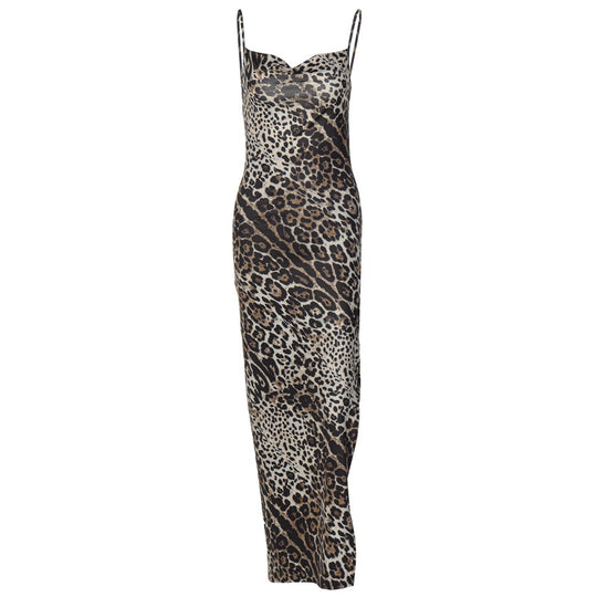 Damen Elegantes Maxikleid mit Leopardenmuster und sexy Schlitz EB
