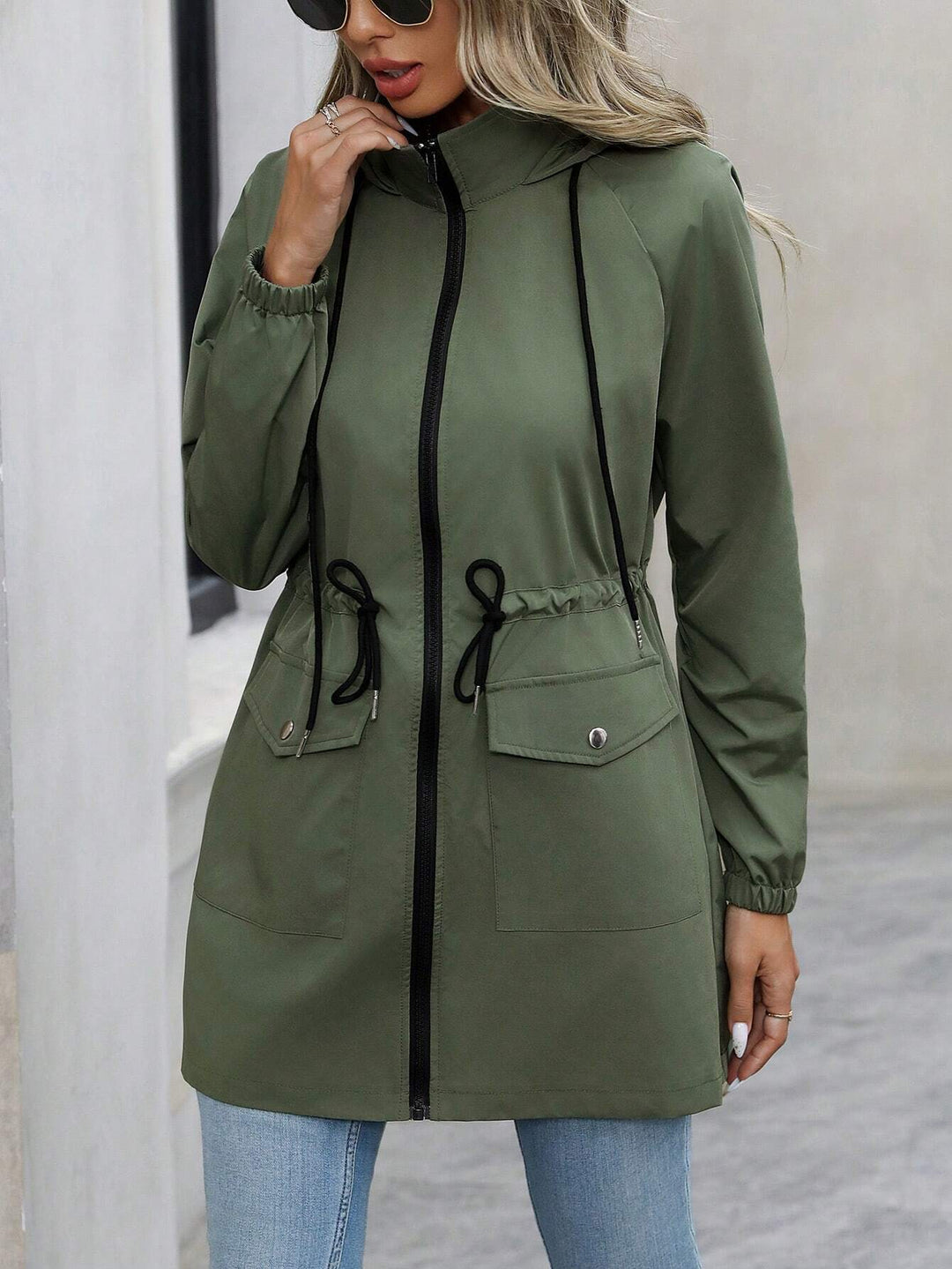 Damen praktische Kapuzenjacke mit verstellbarem Bund und Taschen EB