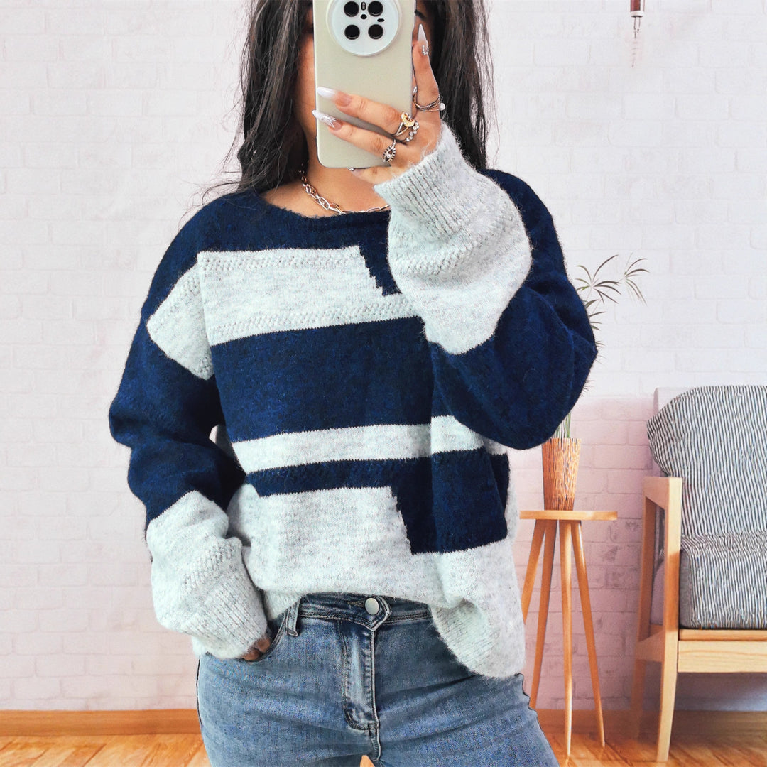 Damen Grobstrickpullover mit modischem Streifenmuster und weitem Schnitt EB