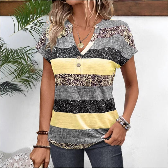 Damen nan gestreiftes Viskosemix-Relaxshirt mit V-Ausschnitt, Krempelärmeln und dekorativer Knopfleiste EB