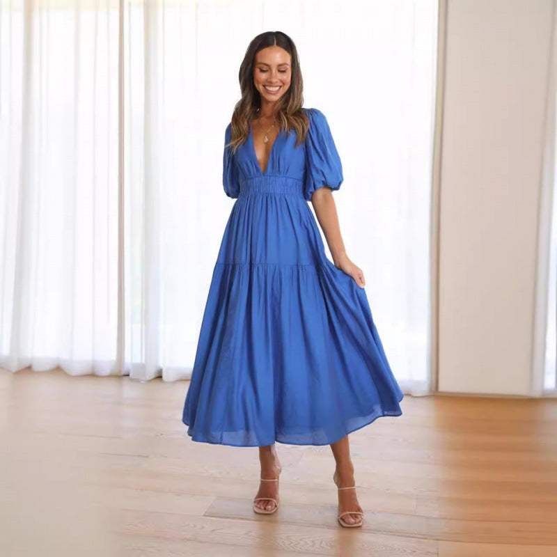 Damen Midi-Kleid mit Puffärmeln und tiefem V-Ausschnitt EB