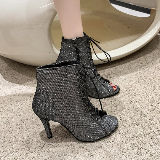 Damen Peep-Toe Stiefelette mit modischem Schnürdesign EB