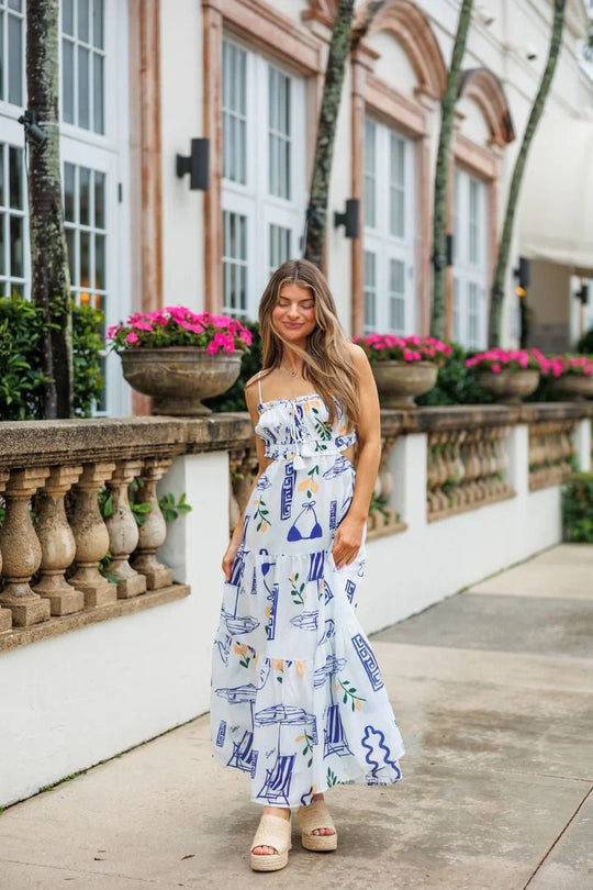Damen Maxikleid mit verspieltem Cut-Out-Design und dekorativem Kordelzug EB