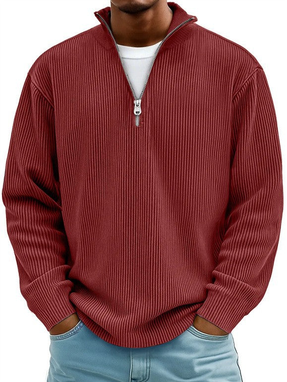 Herren nan gerippter Strickpullover mit halbem Reißverschluss und Stehkragen EB