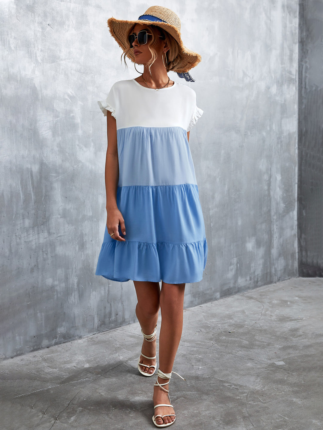 Damen lässiges Sommerkleid mit Rüschendetails und fließendem Schnitt EB