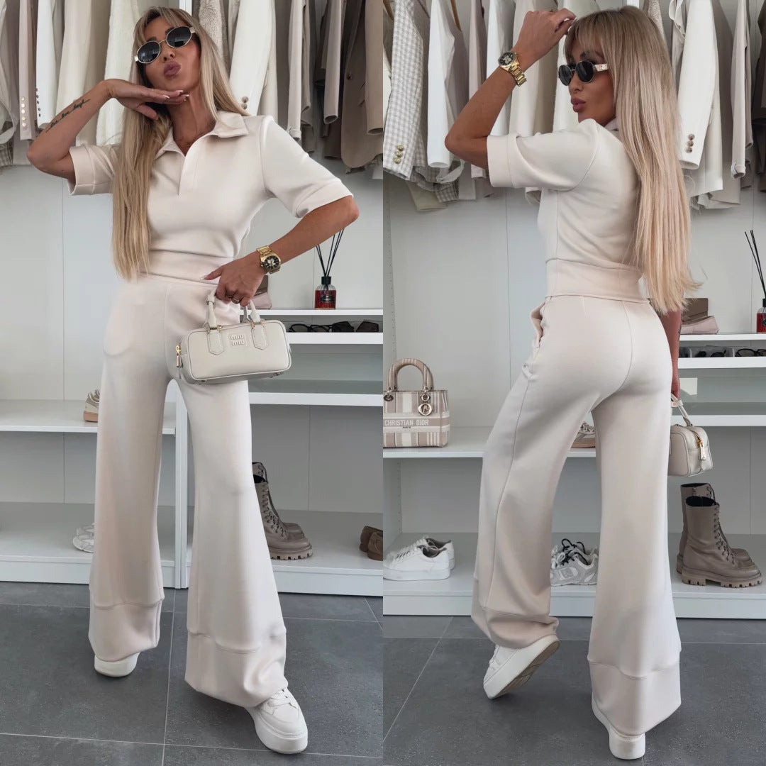 Damen figurnahes Cropped-Poloshirt und hochgeschnittene Wide‑Leg Hose Zweiteiler aus weichem Scuba-Jersey Eichborn Berlin