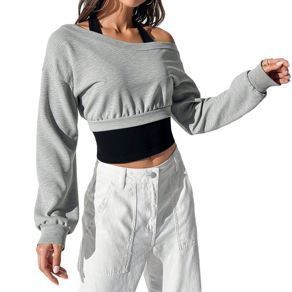 Damen cropped Sweatshirt mit weitem Carmen‑Ausschnitt, ballonärmeln und gerafftem Bund Eichborn Berlin
