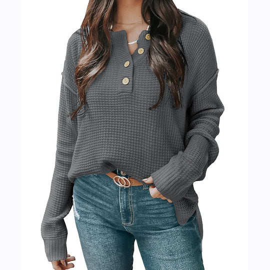 Damen lässiger Oversized Pullover mit Knopfleiste und strukturiertem Material EB