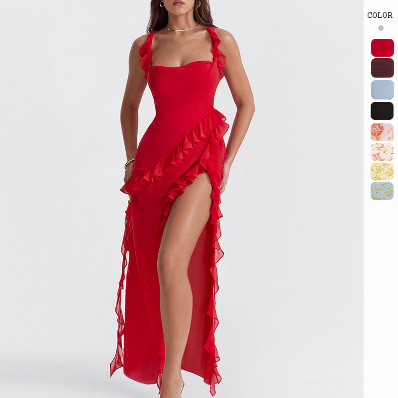 Damen Maxi-Kleid mit Rüschendetails und floralem Design EB