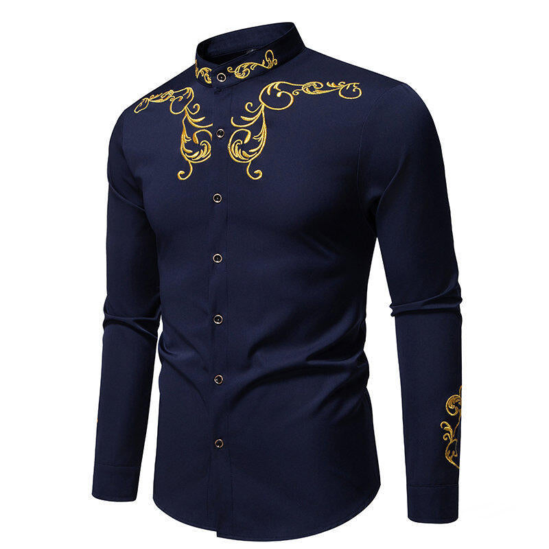 Herren Langarmhemd mit eleganter Stickerei und modernem Kragen EB