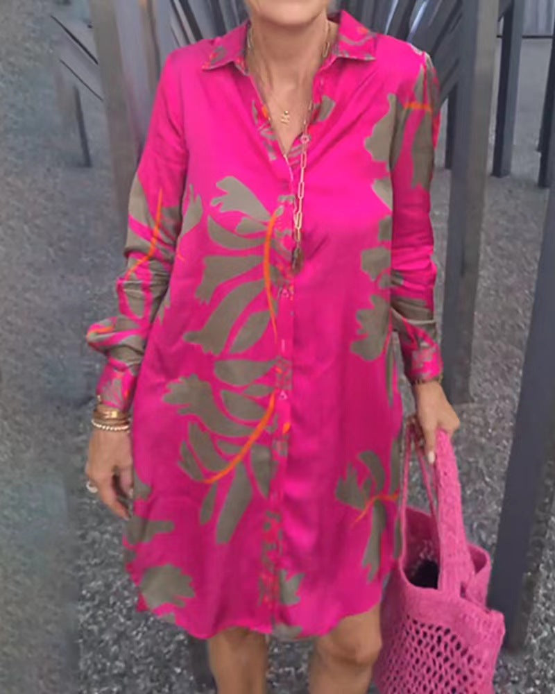 Damen Hemdblusenkleid mit kunstvollem Floral-Design und Knopfdetails Heidi-Mode