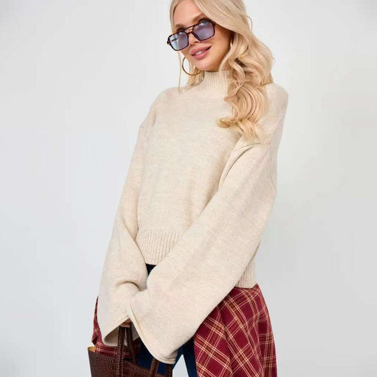 Damen Eleganter Oversized Pullover mit weitem Schnitt und Stehkragen EB