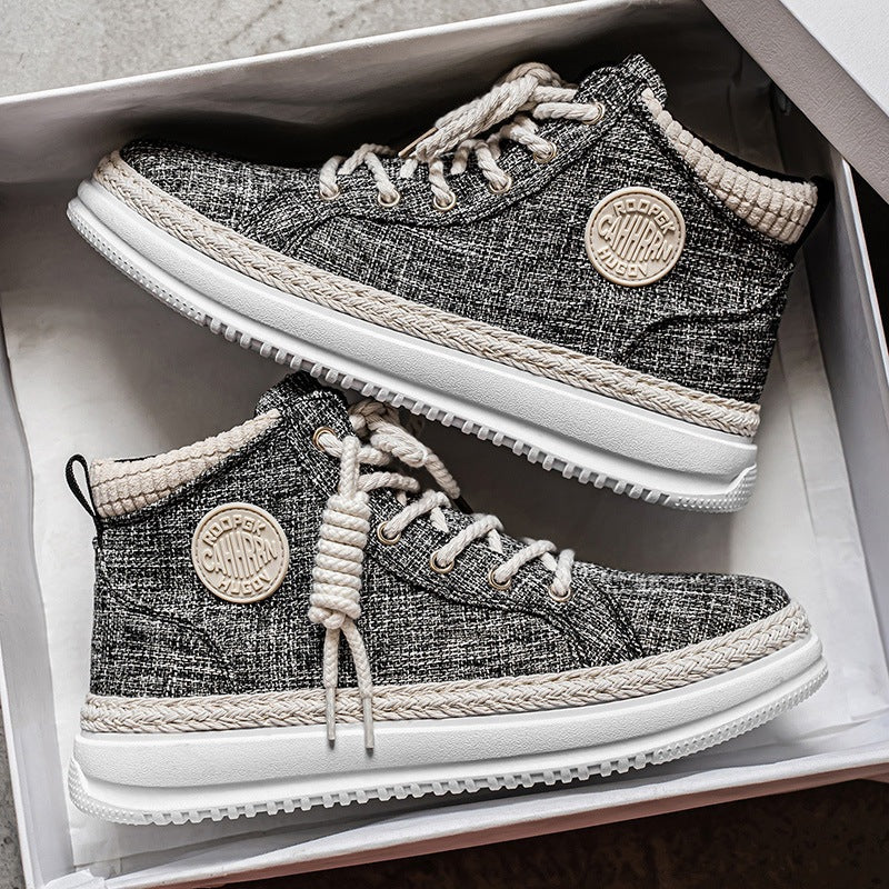 Damen hohe Freizeit‑Sneaker mit meliertem Textilobermaterial, geflochtener Jute‑Zierkante und gedämpfter Plateau‑Sohle EB