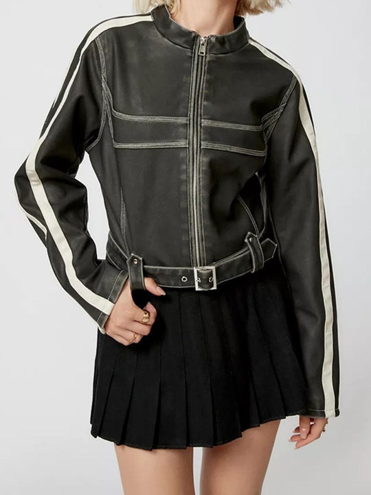 Damen kunstlederne Bikerjacke mit dezenten Kontraststreifen EB
