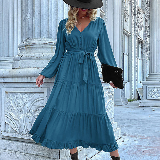 Damen Maxikleid mit Knopfleiste, Taillengürtel und Rüschensaum EB