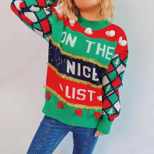 Damen festlicher Pullover mit weihnachtlichem Design und verspielten Details EB