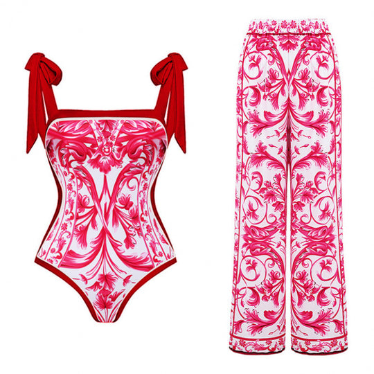 Damen Badeanzug-Set mit elegantem Floral-Design und passender Strandhose EB
