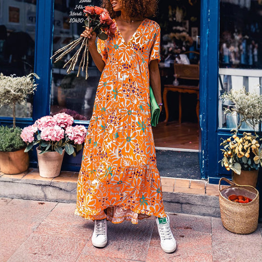 Damen Maxikleid mit weit schwingendem Saum und modernem Floralprint Heidi-Mode