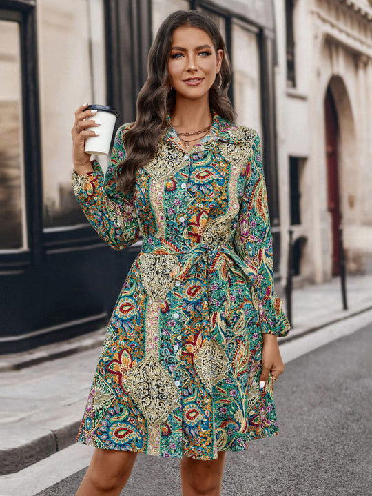 Damen Hemdblusenkleid mit buntem Paisleymuster und Gürtel EB