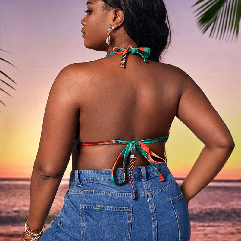 Damen Triangel-Bikini mit tropischem Blattmuster und bindenbaren Trägern EB