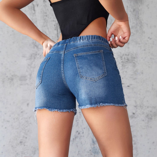 Damen Denim-Shorts mit elastischem Bund und modischen Destroyed-Details EB
