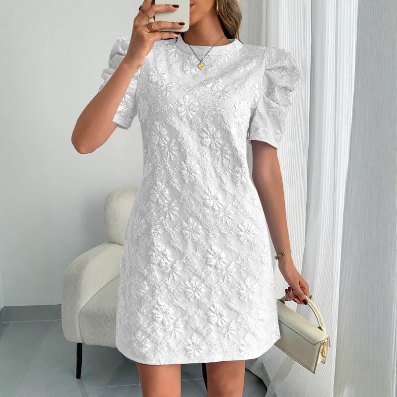 Damen Kurzarmkleid mit voluminiösen Ärmeln und floralen Stickereien EB