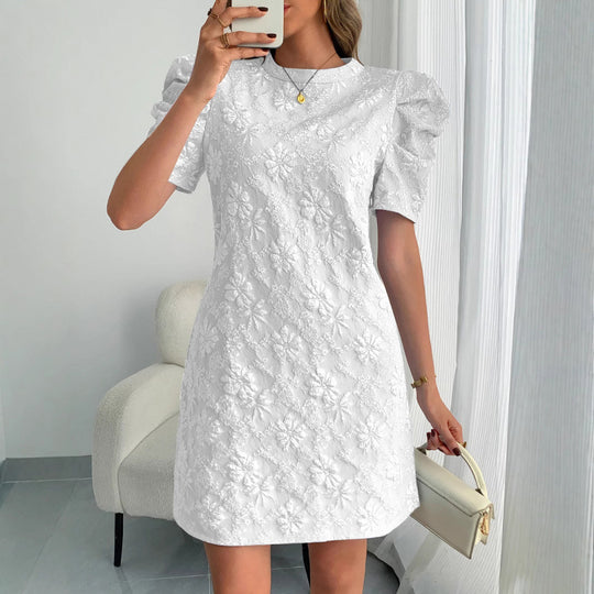 Damen Kurzarmkleid mit voluminiösen Ärmeln und floralen Stickereien EB